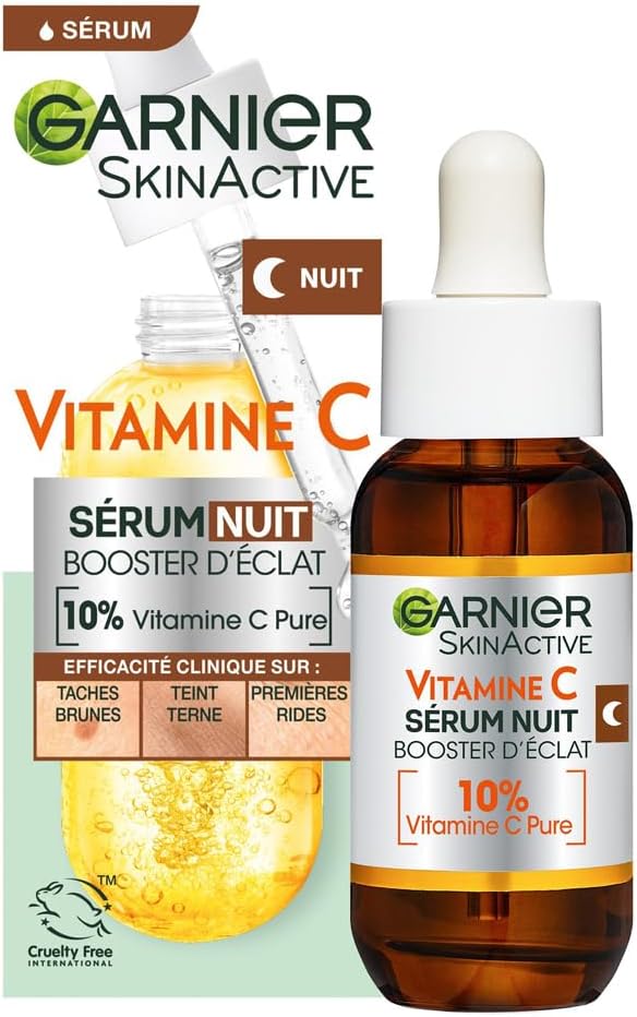 Skin Active - Sérum Nuit Booster d’Éclat - Efficace Sur Taches Brunes & Rides - Illumine Le Teint - Vitamine C Pure, Acide Hyaluronique - Vegan & Cruelty Free - Tous Types de Peaux - 30 ml