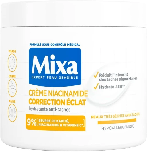 Crème Niacinamide Correction Éclat - Crème Hydratante Anti-Taches au Beurre de Karité, à la Niacinamide et à la Vitamine C - Adaptée au Visage, Corps et Mains - Hypoallergénique - 400ml