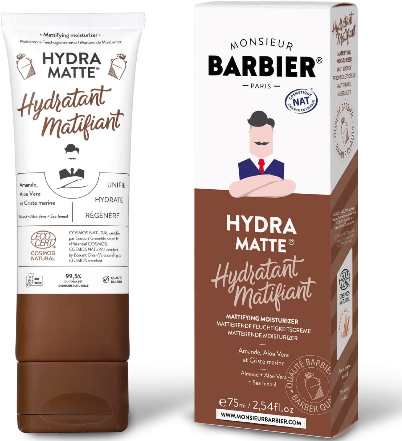 Crème Hydratante Visage Homme de Monsieur BARBIER - Naturelle, Végane et Française, certifiée COSMOS NAT/Ecocert - À base d'Huile d'Amande & d'Aloe Vera - Unifie, Hydrate et Régénère - 75mL