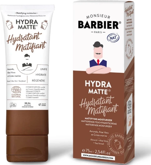 Crème Hydratante Visage Homme de Monsieur BARBIER - Naturelle, Végane et Française, certifiée COSMOS NAT/Ecocert - À base d'Huile d'Amande & d'Aloe Vera - Unifie, Hydrate et Régénère - 75mL