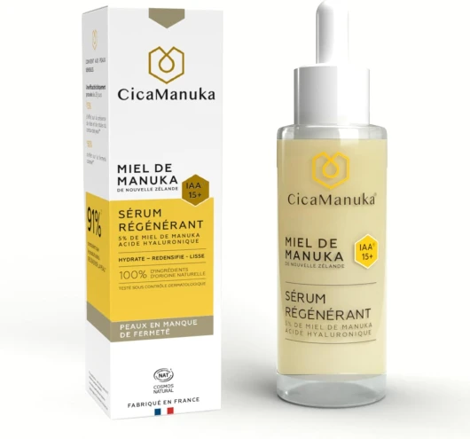 Sérum visage régénérant 5% de miel de Manuka IAA15+ et acide hyaluronique – Hydrate, Redensifie, Lisse – Peaux en manque de fermeté, sèches et sensibles - Flacon 30ml