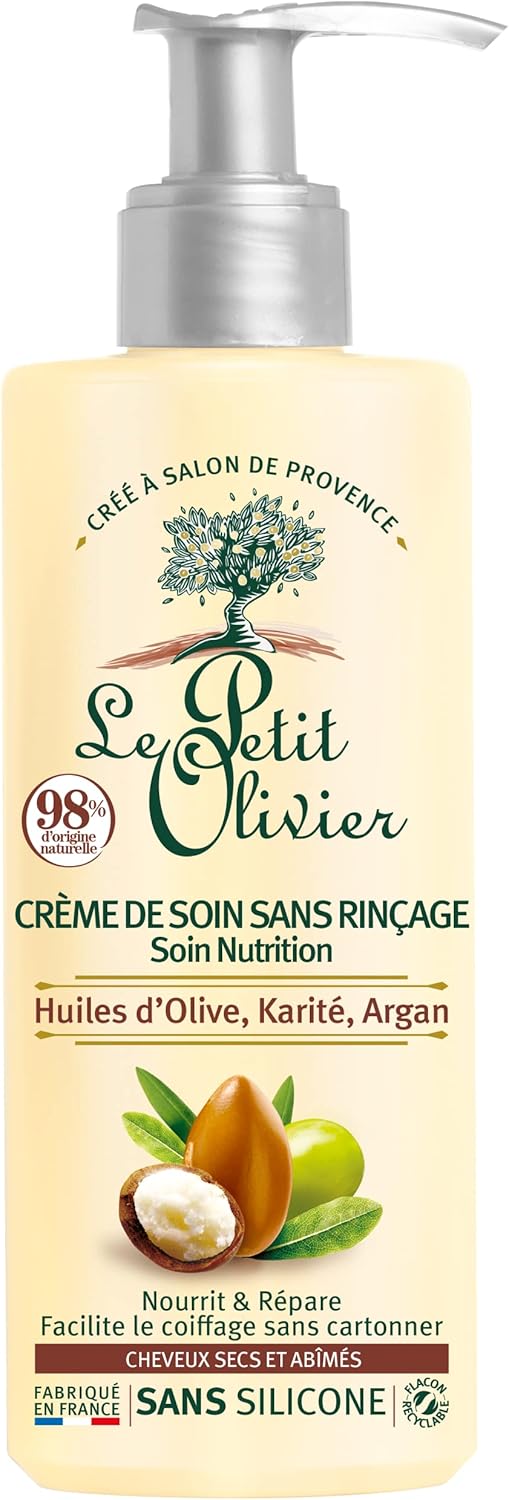 Crème Soin Nutrition - Sans Rinçage - Huiles D'Olive, Karité & Argan - Démêle, Nourrit & Répare - Cheveux Secs & Abîmés - Sans Silicone ni Sulfate - Fabriqué en France - 200ml