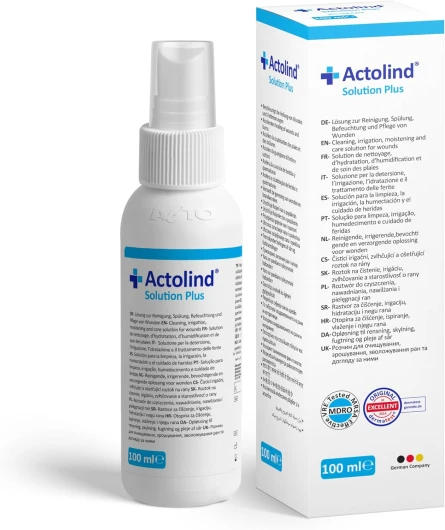Actolind Solution Plus 100 ml – solution antiseptique pour irrigation des plaies - Nettoyage et hydratation indolores des plaies aiguës, chroniques et infectées - CE III, MPG, PHMB.