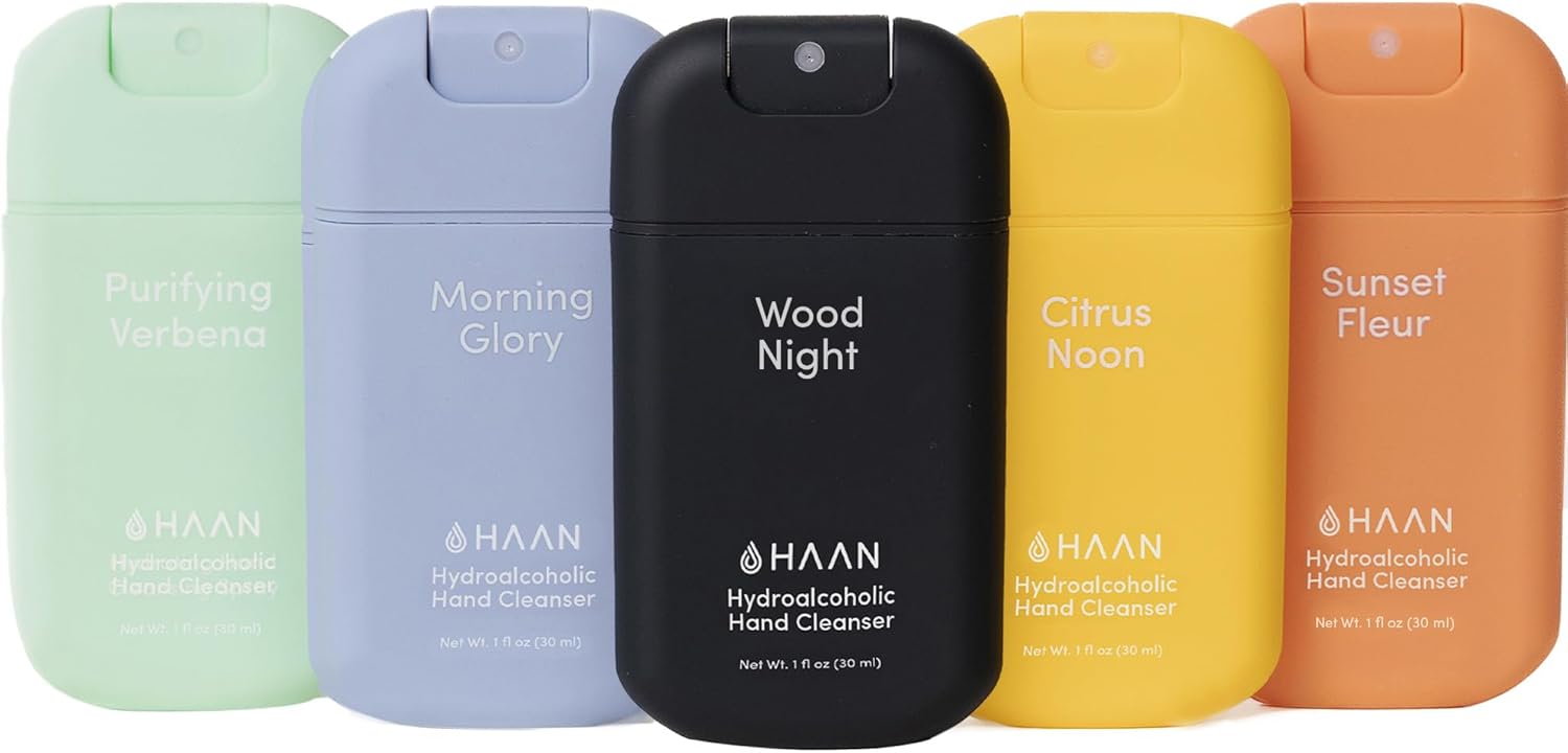 Nettoyant Hydroalcoolique pour les Mains 30ml, Lot de 5 Désinfectants pour les Mains, Parfums Disponibles Wood Night, Morning Glory, Sunset Fleur, Citrus Noon, Purifying Verbena