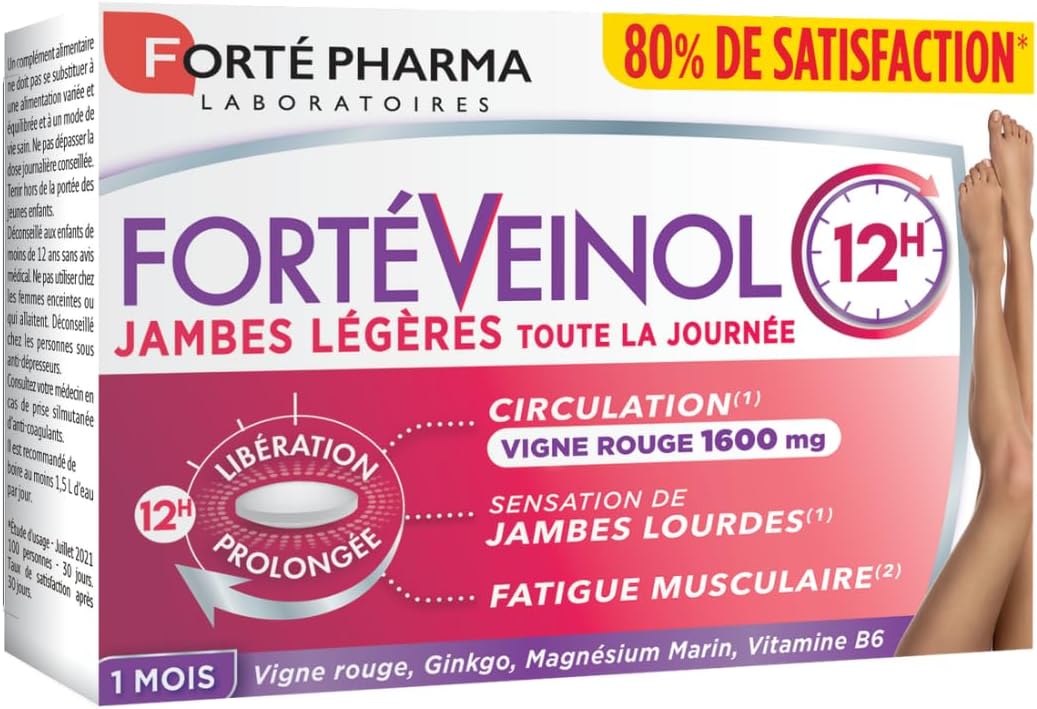 Forté Veinol 12h - Complément Alimentaire à base de Vigne Rouge - Circulation - 30 comprimés