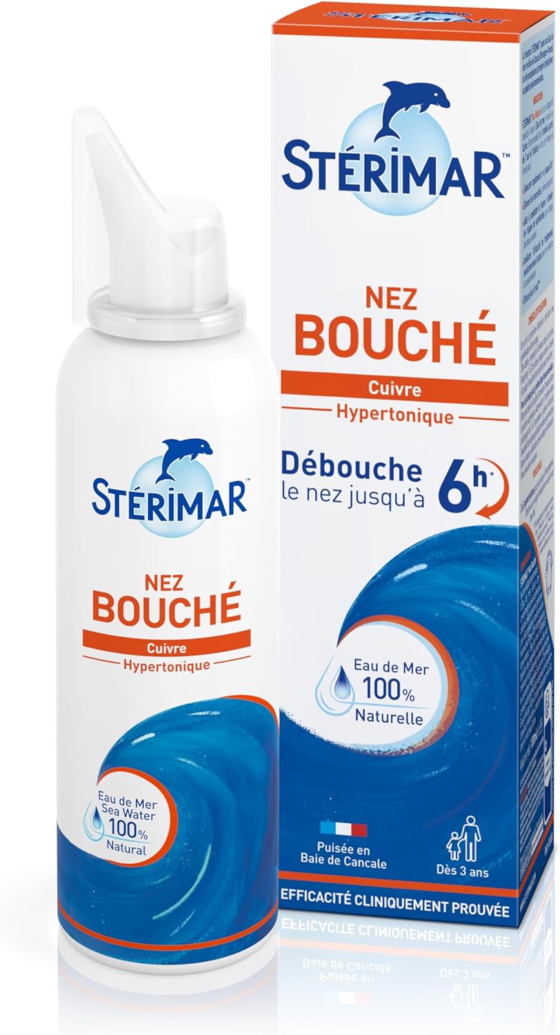 Nez Bouché - Spray Nasal Décongestionnant Longue Durée, Agit Rapidement & Jusqu'à 6H, à l'Eau de Mer 100% Naturelle & Cuivre, Formule Hypertonique, 100 ml