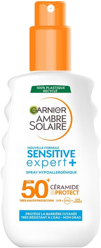 Ambre Solaire Sensitive Expert+ - Spray Protection Solaire FPS 50+ - Protège des UVA, UVB Et UVA Longs - Résiste à L'eau - Enrichi en Céramides - Tous Types de Peaux - 150 ml