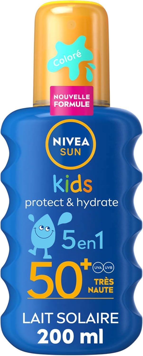 SUN Spray Solaire Protect & Hydrate Kids Coloré SPF 50+ 200 ml — Crème Solaire résistante à l'eau — Haute Protection Visage et Corps pour la peau délicate des Enfants