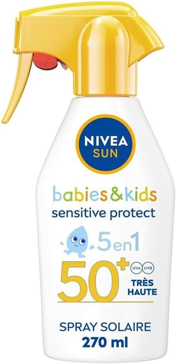 SUN - Spray Solaire Pistolet Sensitive Babies & Kids FPS 50+ - Protection Solaire Enfant - Vitamine E - Sans Parfum - Absorption Rapide - Résistant À L'Eau - Peaux Sensibles - 270 ml