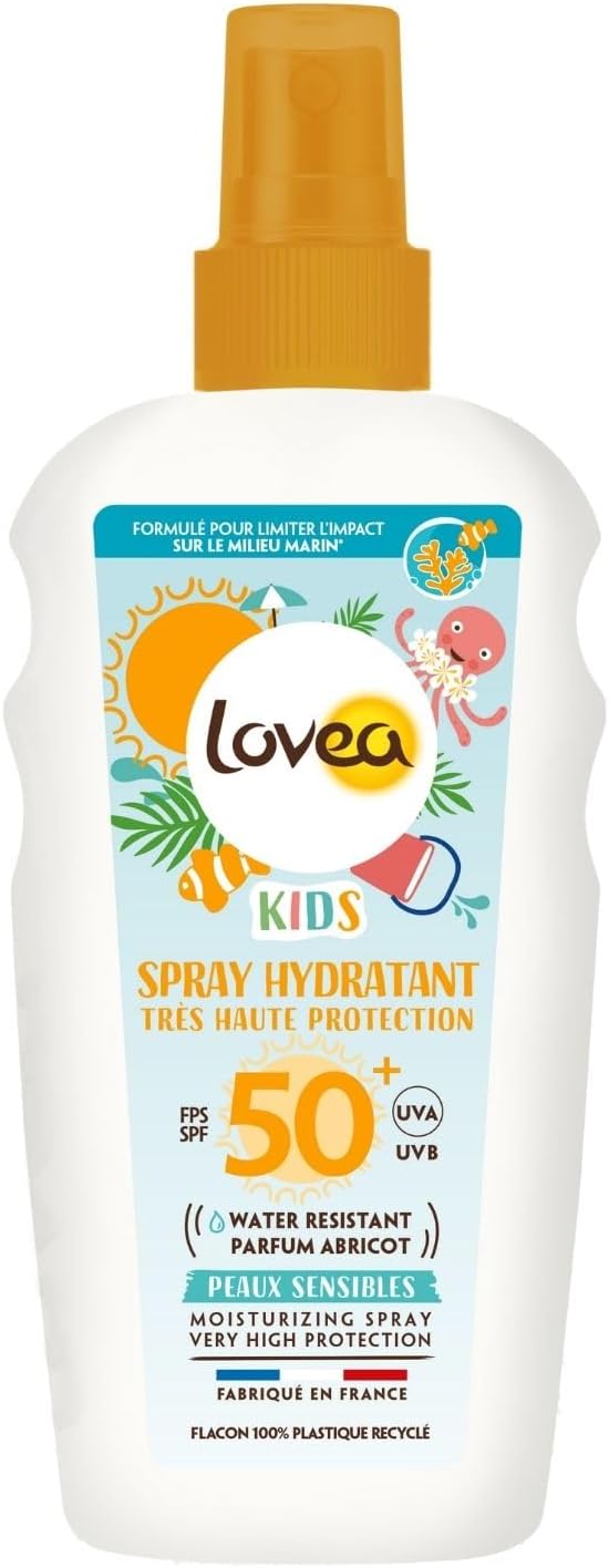 Spray Hydratant Kids FPS 50+ - Très Haute Protection Solaire UVA/UVB Visage & Corps - Parfum Abricot - Peaux Sensibles - Résistant À L'Eau - Vegan - Fabriqué En France - 150 ml