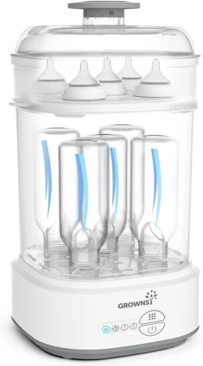 GROWNSY Stérilisateur Biberon avec Séchage, Stérilisateur Électrique à Vapeur Compact pour Biberons, Tétines, Pièces de Tire-lait Gris