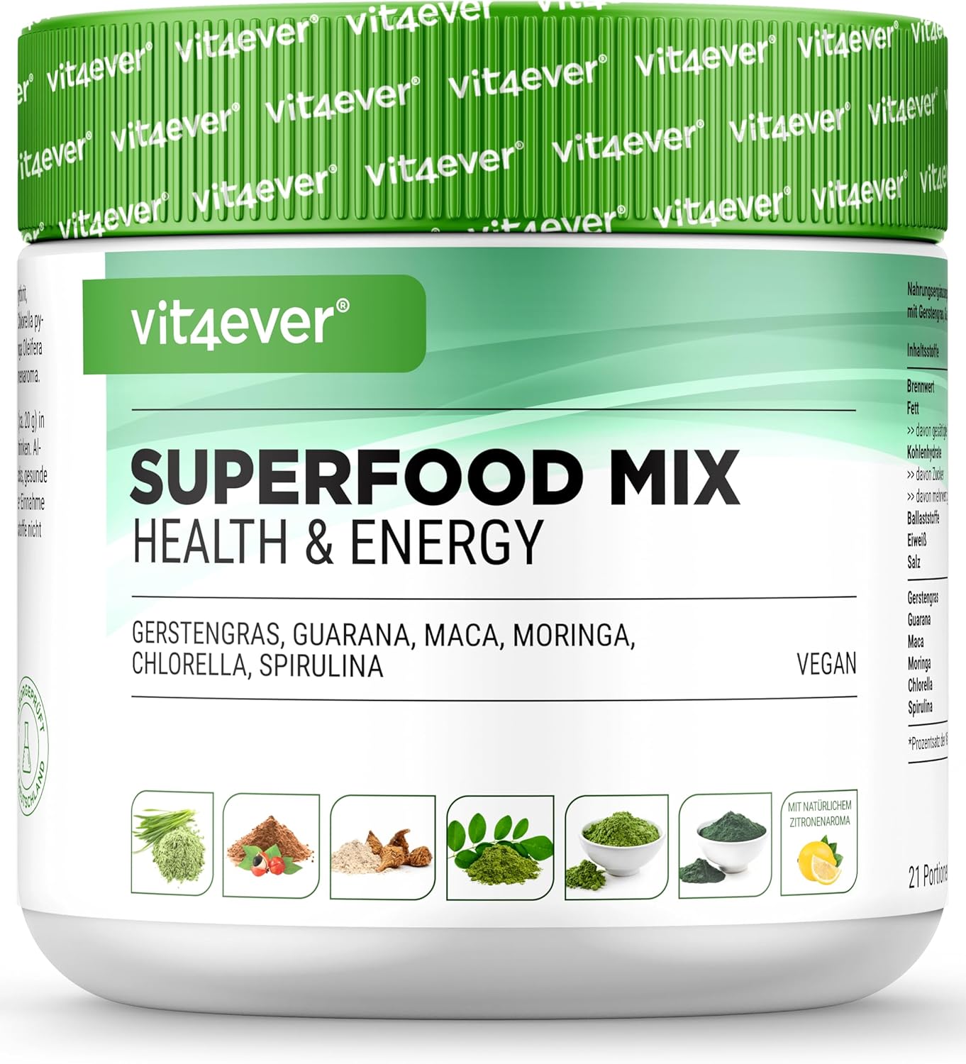 Superaliments - 420 g de poudre (shake) avec de l'herbe d'orge, du guarana, du maca, de la chlorella, de la spiruline, du moringa - Smoothie énergétique 100% naturel - Arôme citron - Vegan