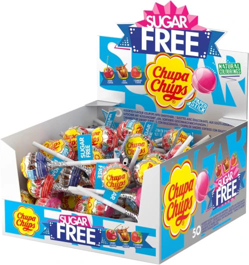 Lot de 50 bonbons Chupa Chups Sugar Free Lolly, aux saveurs assorties.
