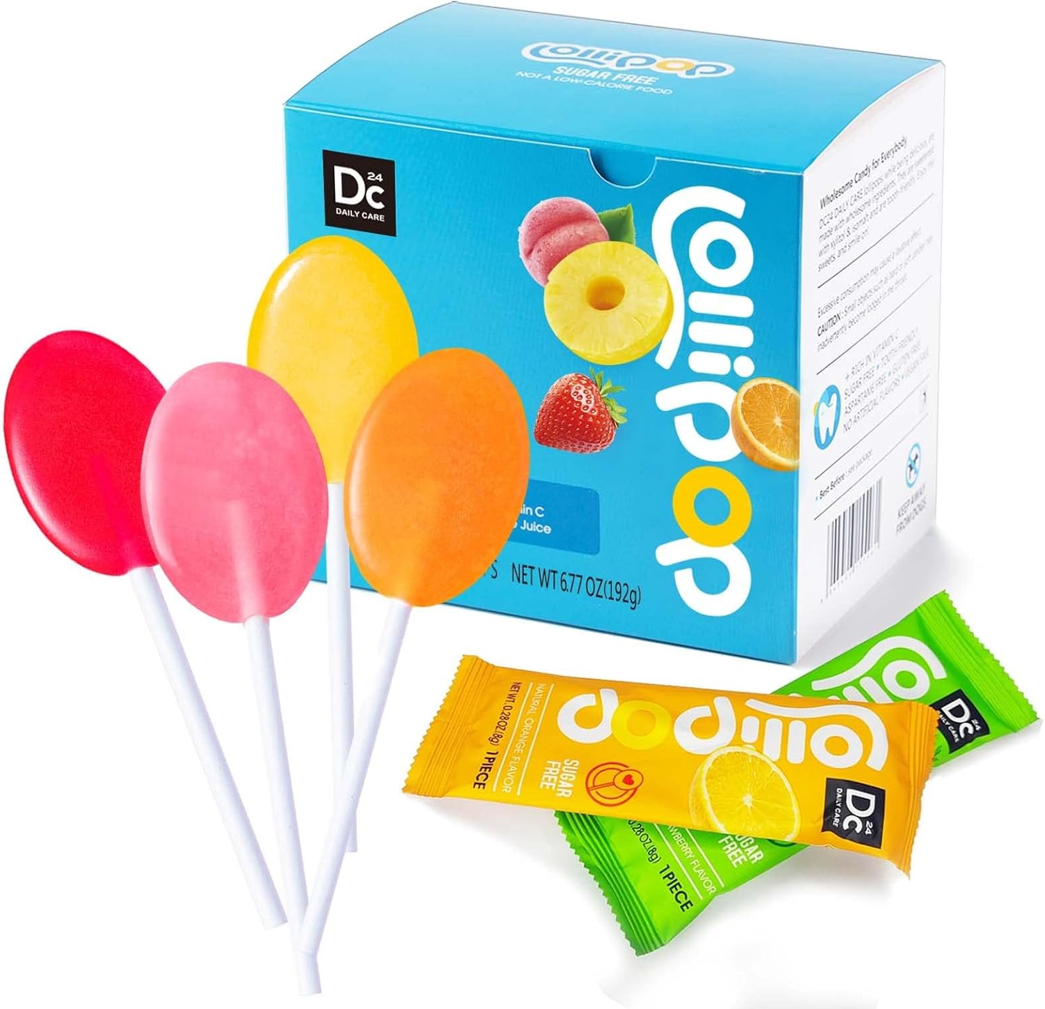 DC24 DAILY CARE Sucettes sans sucre avec vitamine C, sucettes saines avec xylitol, bonbons durs à saveur de fruits assortis pour les enfants, sans OGM, sans gluten, 24 pièces