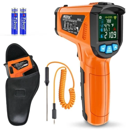 Thermomètre Infrarouges MESTEK -50 ℃ ~ 800℃ Laser Digital Thermometre et Sonde Pistolet Température IR Sans Contact LCD Alarme et Émissivité Réglable pour Cuisine/Pizza Industrial Couleur orange
