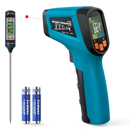 Thermomètre Infrarouge Laser Numérique Sans Contact, -50°C ~ 600°C(-58°F ~ 1112°F), Emissivité Réglable, Idéal pour Cuisine, Barbecue, Four, Frigo Professionnel, Pizza, Viande -50°C~600°C(Thermomètre à Viande Inclus)
