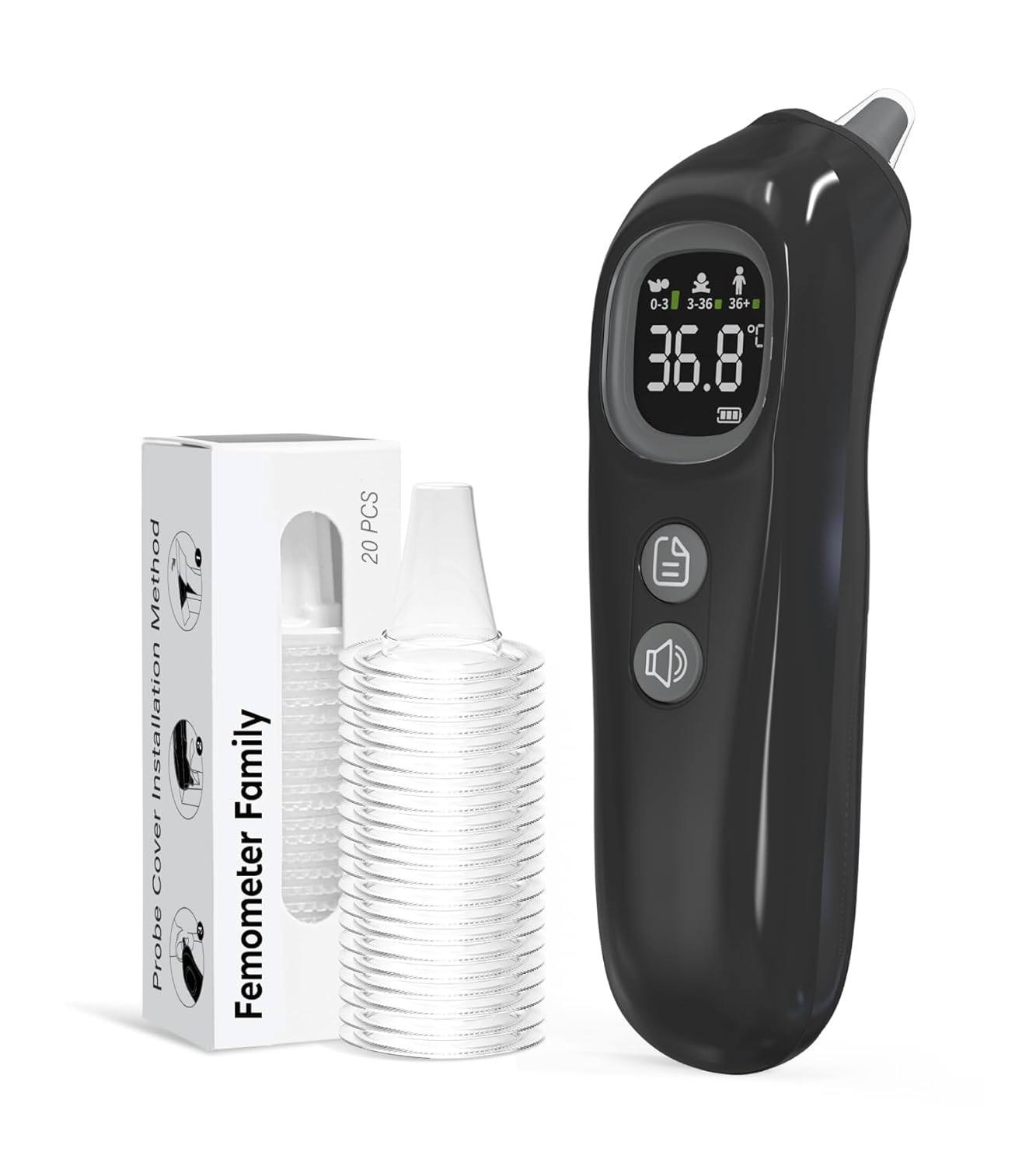 Thermomètre Auriculaire Haute Précision - Mesure en 1 Seconde - Guidage Intelligent par Tranche d'Âge - Mode Silencieux - Thermomètre Numérique pour Enfants et Adultes - 20 Embouts Jetables Inclus Noir