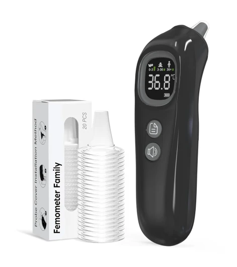 Thermomètre Auriculaire Haute Précision - Mesure en 1 Seconde - Guidage Intelligent par Tranche d'Âge - Mode Silencieux - Thermomètre Numérique pour Enfants et Adultes - 20 Embouts Jetables Inclus Noir
