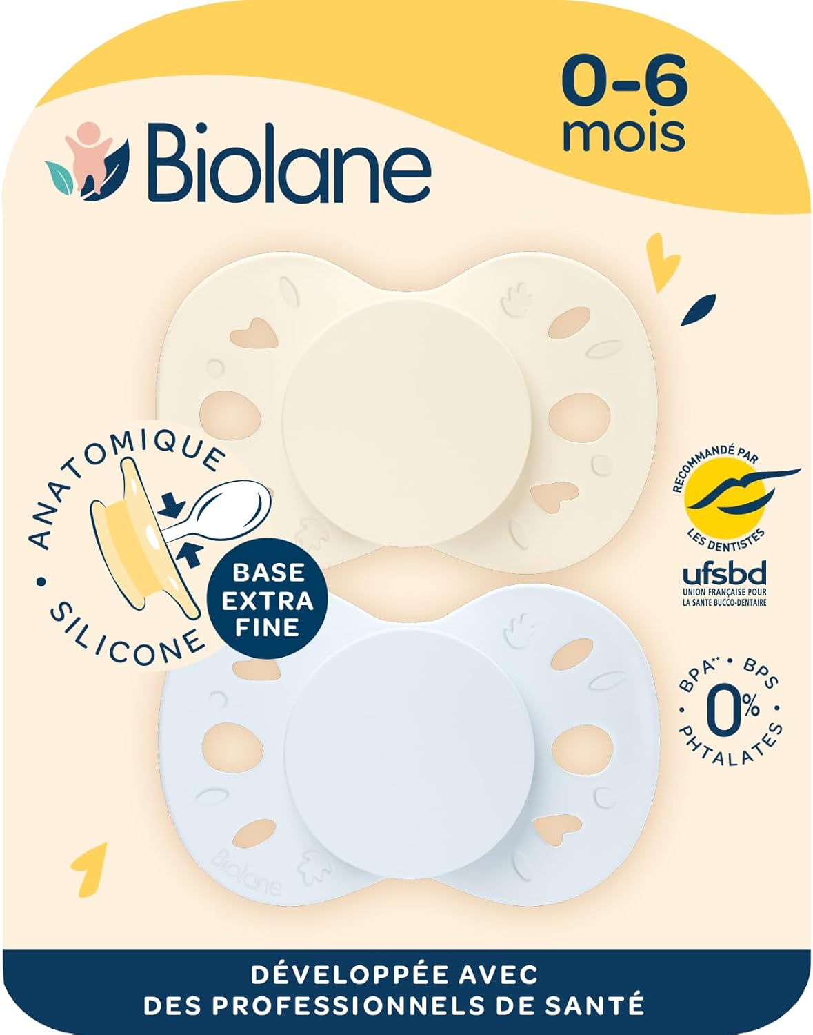 Tétines anatomiques - Sucettes extra-fines - 0 à 6 mois - Bleu et Beige - Téterelle plate et réversible- Confort optimal- Respect du développement bucco-dentaire