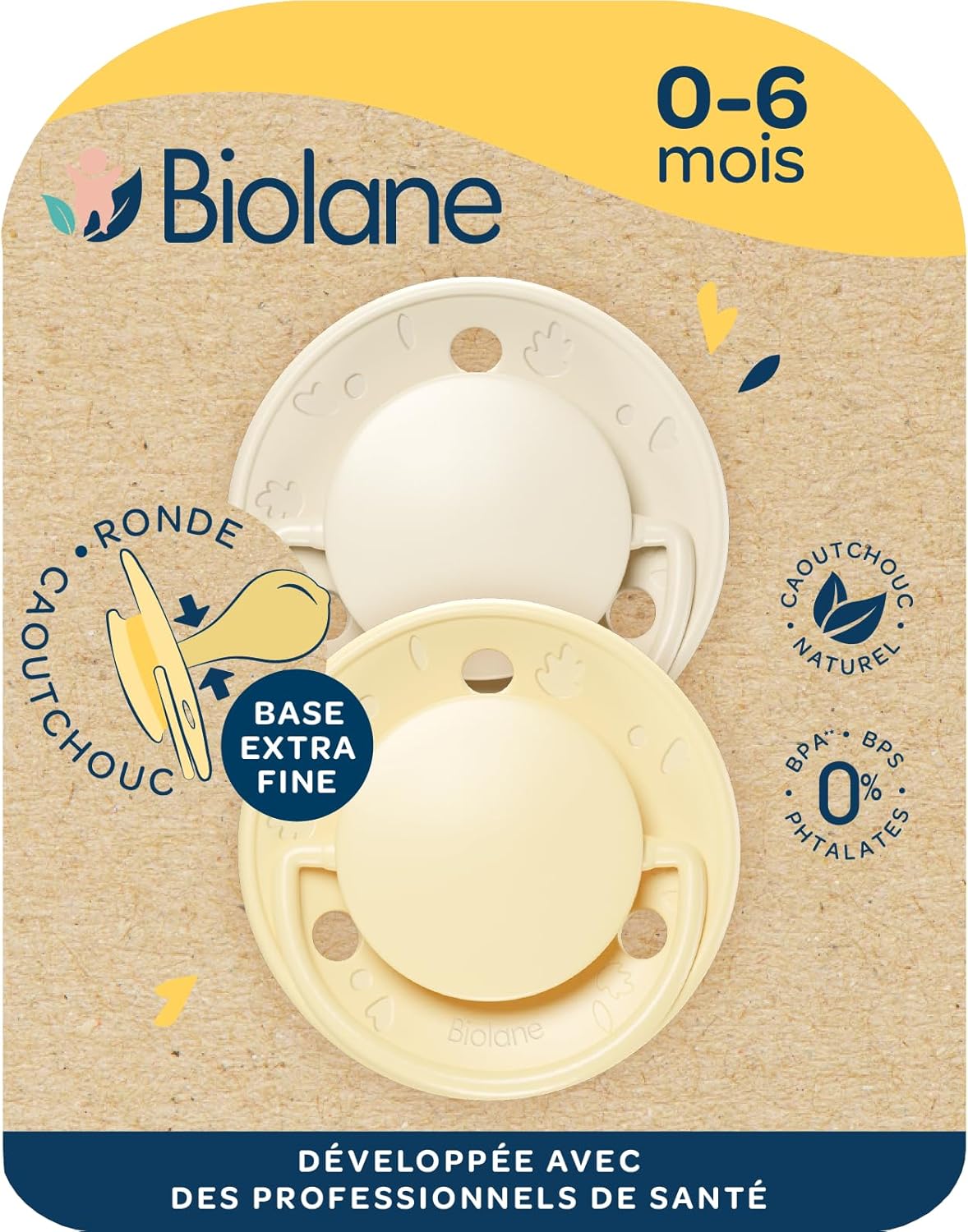 Tétines rondes - Sucettes extra-fines - 0 à 6 mois - Jaune et Beige - Téterelle en caoutchouc naturel - Respect du développement bucco-dentaire- Douces et confortables