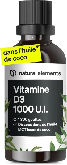 Vitamine D3 – 1000 U.I - Vitamine D par goutte – 50 ml (1700 gouttes) – enhuile TCM de noix de coco – fortement dosée, liquide