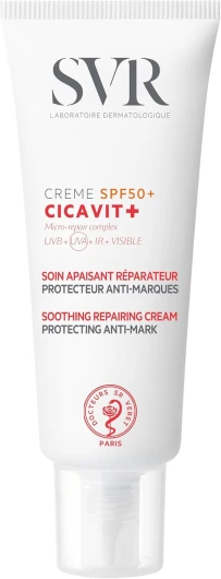 SVR - Cicavit+ Crème SPF50+ - Soin réparateur apaisant anti-marques - Pour peaux abîmées, irritées, post-actes dermatologiques - Niacinamide, filtres UVA/UVB/IR, antioxydants - 40 ml