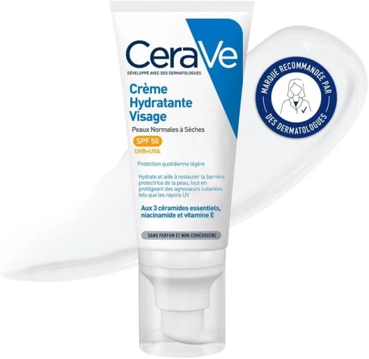 CeraVe - Crème Hydratante Visage SPF50 - Crème de Jour avec Protection UVB + UVA - Acide Hyaluronique, Céramide, Niacinamide, Vitamine E - Peau Normale à Sèche - 52 ml