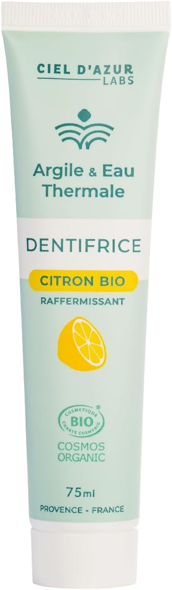 CIEL D'AZUR LABS - Denticlay Argile - Dentifrice Bio à l'Argile Blanche et à l'Eau Thermale de Digne les Bains - Certifié Bio Cosmos Organic - Tube 75ml - Citron 75 ml (Lot de 1) Citron