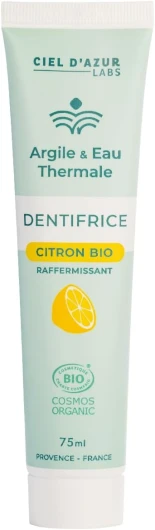 CIEL D'AZUR LABS - Denticlay Argile - Dentifrice Bio à l'Argile Blanche et à l'Eau Thermale de Digne les Bains - Certifié Bio Cosmos Organic - Tube 75ml - Citron 75 ml (Lot de 1) Citron