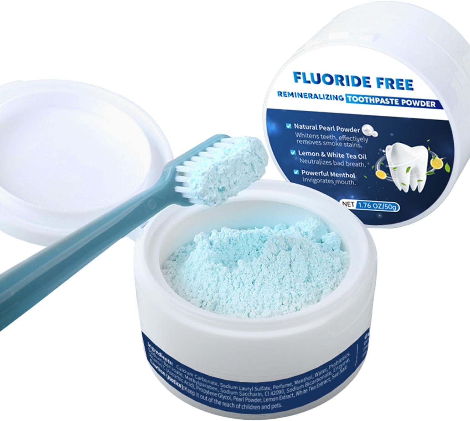 Poudre Dentifrice Reminéralisante Sans Fluorure, Huiles Essentielles de Citron et Menthe, 50g