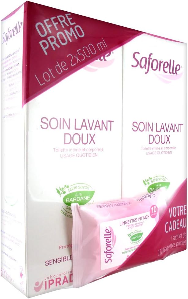 Saforelle Soin Lavant Doux Lot de 2 x 500 ml + 1 Sachet de Lingettes Intimes Offert