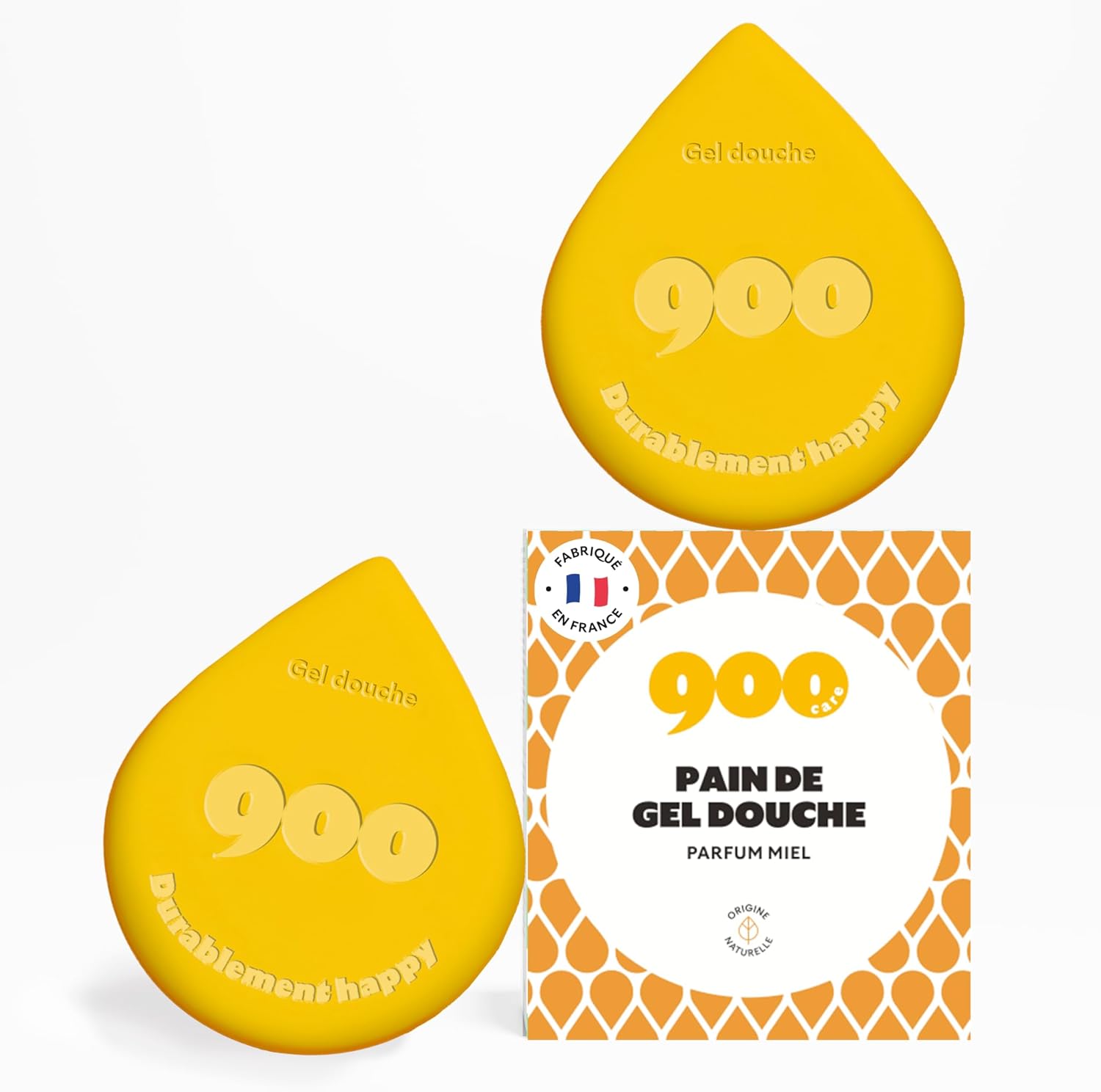 900.care - 2 x Gels Douche Solides 100g - Parfum Miel - Pour une Peau Douce et Régénérée - Zéro Déchet - Formule Naturelle Enrichie En Huile Végétale - Note 100/100 Yuka