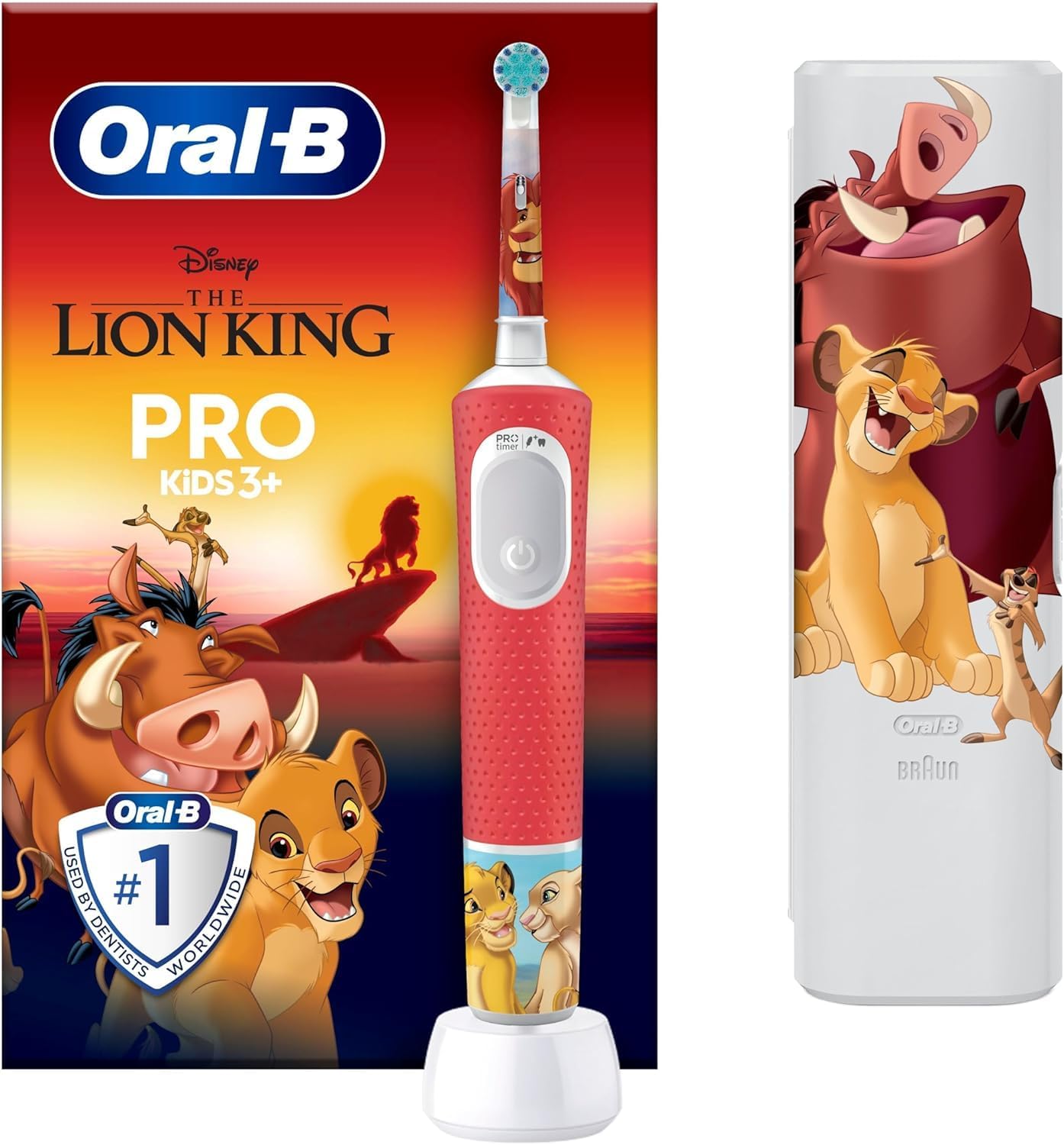 Oral-B Pro Kids Brosse À Dents Électrique Enfant, Le Roi Lion Disney, Brossette Ronde Pour Petites Bouches Et Douce Pour Des Gencives Sensibles, 1 Chargeur, 1 Étui De Voyage, 1 Embout, 3 Ans et Plus Coloré