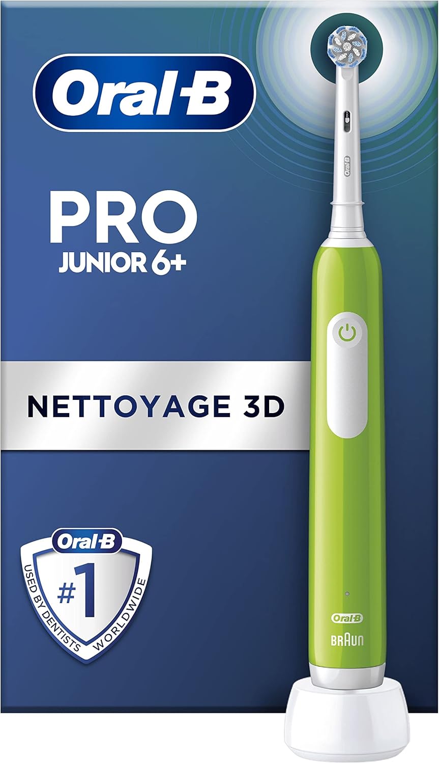 Oral-B Pro Junior Brosse à Dents Électrique Enfant, Un Nettoyage Efficace Mais Doux Pour Les Dents Sensibles, Une Bonne Hygiène Dentaire Des Enfants De 6 Ans +, 1 Chargeur, 1 Brossette Ronde, Verte