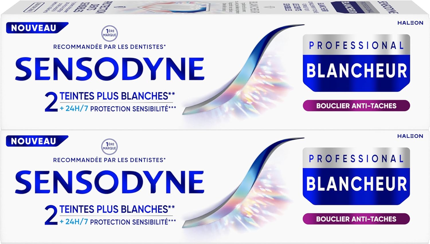 Professional Blancheur, Dentifrice blanchissant cliniquement prouvé pour les dents sensibles visiblement plus blanches, Bouclier Anti-tâches Menthe, Pack de 2 x 75 ml