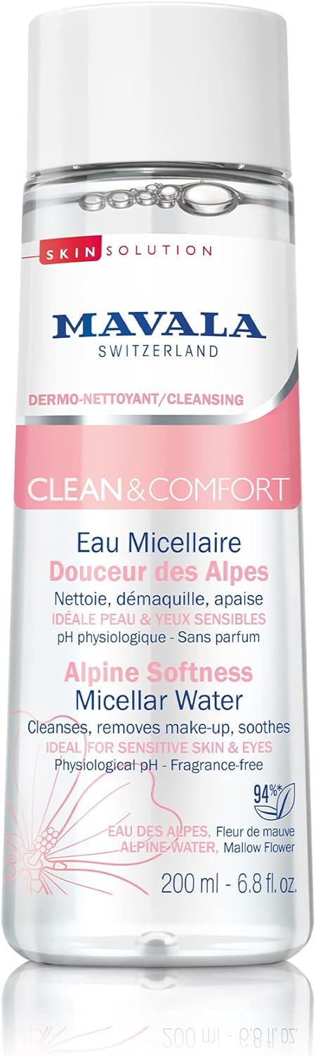 Eau Micellaire Douceur des Alpes Clean & Confort - Nettoyant, Démaquillant, Apaisant - Sans Parfum - pH Physiologique - Formule Mauve et Eau des Alpes - 200ml