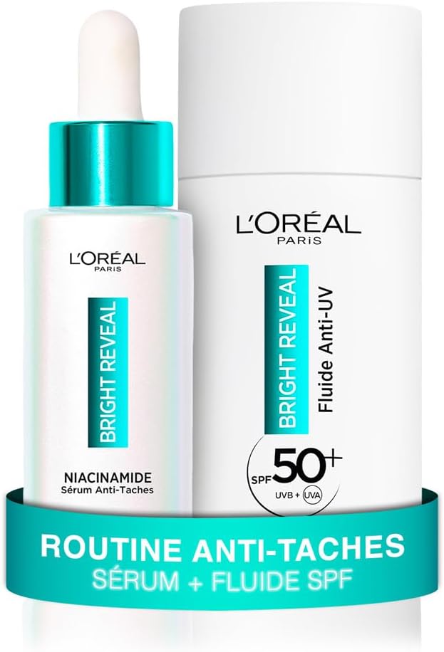 L’Oréal Paris - Routine Anti-Taches - Sérum & Fluide Anti-UV SPF50+ - Enrichie en Niacinamide - Protège & Unifie - Pour Tous Types de Peau - Bright Reveal Coffret Sérum + Fluide Anti-UV