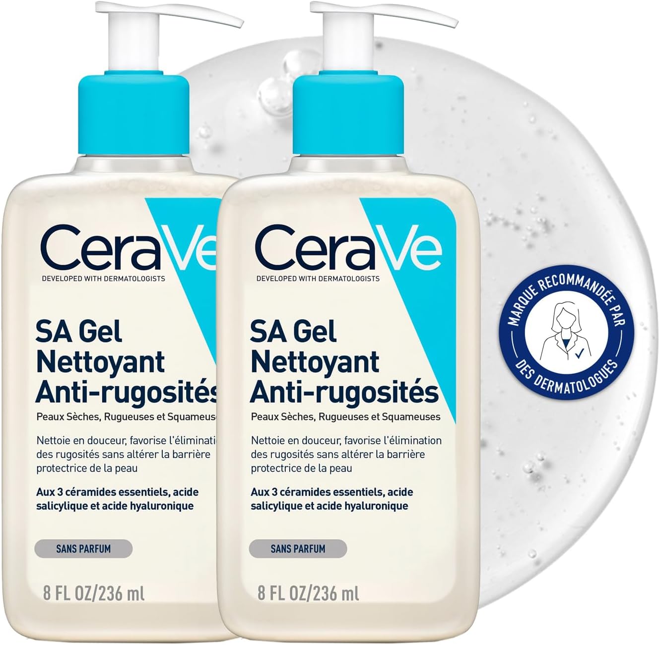 CeraVe - SA Gel Nettoyant Anti-Rugosités - Nettoie la Peau, Elimine les Rugosités - Acide Salicylique + Acide Hyaluronique + 3 Céramides Essentiels - Peau Sèche, Rugueuse, Squameuse - 2 x 236 ml
