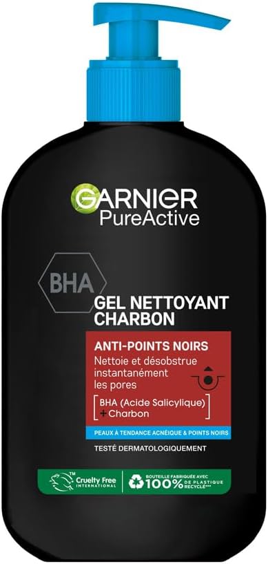 Pure Active - Gel Nettoyant Charbon - Réduit Points Noirs & Boutons - Nettoie & Désincruste les Pores - BHA & Charbon - Vegan & Cruelty Free - Peaux à Tendance Acnéiques - 250 ml Gel Anti-points Noirs Acide Salicylique & Charbon