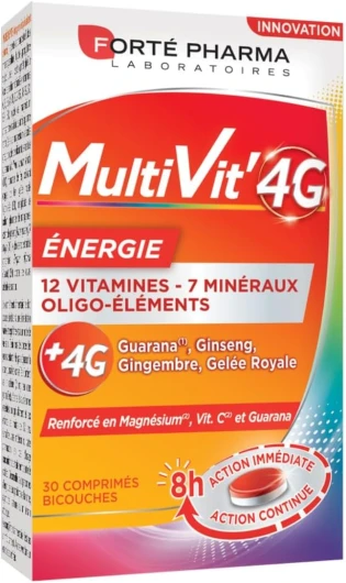 Multivit' 4G Energie - Complément Alimentaire Forme et Tonus - 12 Vitamines, 7 Minéraux, Guarana, Gelée royale, Ginseng, Magnésium - Fatigue, Irritabilité - 30 comprimés Bi-couches Multivit'4G Energie 30 comprimés