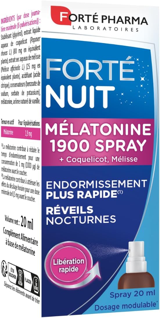 Mélatonine 1900 Spray - Spray Sommeil - Endormissement rapide facilité - Complément Alimentaire pour dormir - Coquelicot, Mélisse - Goût Vanille - Flacon Spray 20ml