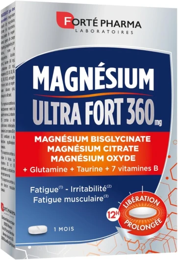 Magnésium Ultra Fort 360 - Complément Alimentaire à base de Magnésium Marin, Taurine et Vitamines B - Stress Adulte - 30 comprimés = 1 mois Magnésium Ultra Fort - 1 mois