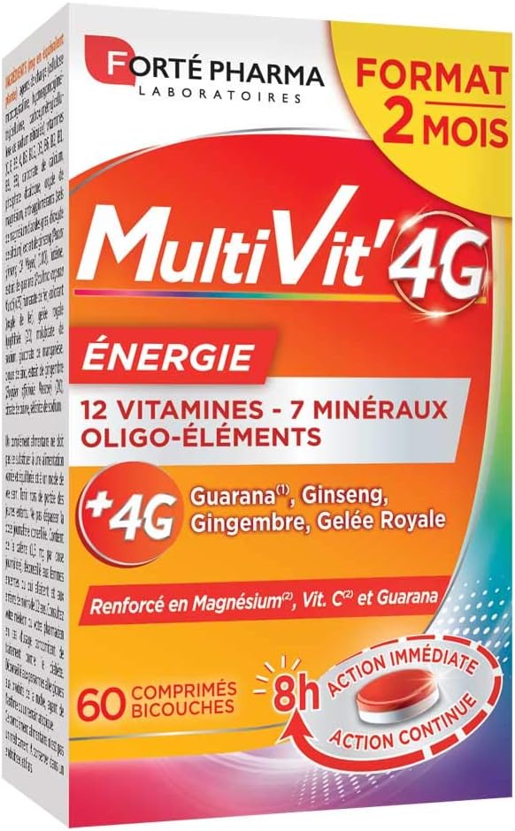 Multivit' 4G Energie - Complément Alimentaire Forme et Tonus - 12 Vitamines, 7 Minéraux - Ginseng, Guarana, Magnésium, Gingembre - Fatigue, Irritabilité - 60 comprimés Bi-couches Multivit'4G Energie 60 comprimés