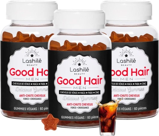 Good Hair Men Vitamins - Anti-chute des cheveux pour homme - Compléments Alimentaires - Made in France - Zinc, Vitamine B6, B10, Maca, Paba, Prêle - Cure 3 mois - 180 Gummies 3 unité (Lot de 1)