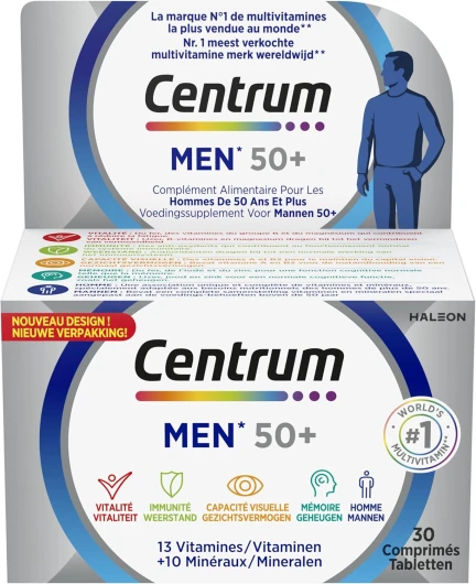 Multivitamines Homme 50+ - Vitalité, Immunité, Vision, Mémoire, Muscles - 13 Vitamines & 11 Minéraux - 30 Comprimés