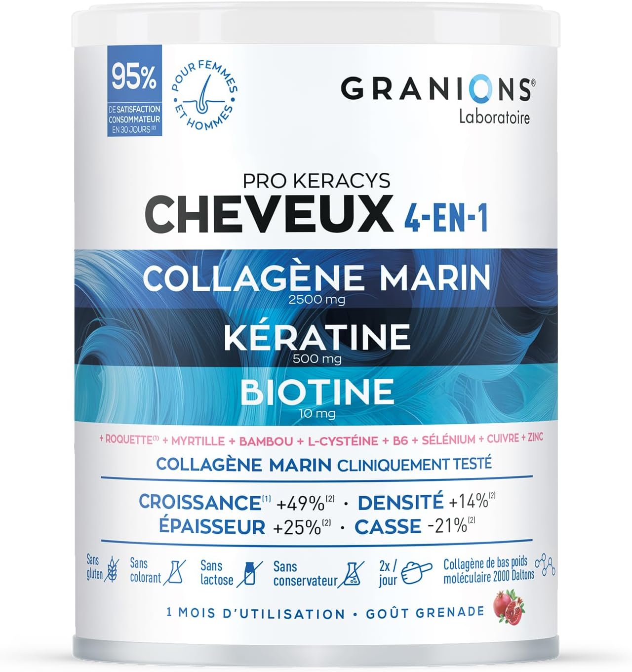 PROKERACYS Cheveux 4 en 1 GRANIONS - Complement Alimentaire Cheveux - Collagene Marin, Biotine, Selenium, Keratine, Zinc, Vitamine B6 - Pousse Cheveux - Collagene Soin Cheveux - Goût Grenade - 300g