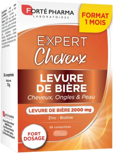 Expert Levure de Bière - Levure de Bière 2 000 mg - Zinc - Biotine Cheveux - Complément Alimentaire Beauté des Cheveux, Peau et Ongles - 56 comprimés = 1 mois Sans saveur 56 unité (Lot de 1)