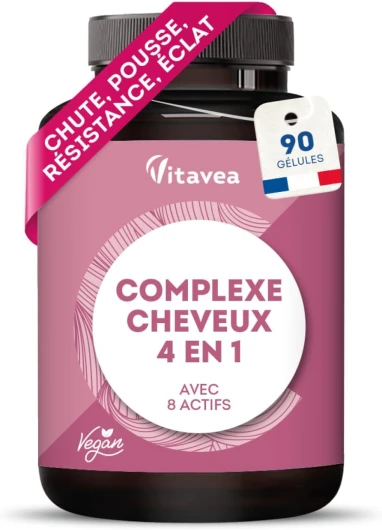 Complexe Cheveux 4en1 avec Biotine - Pousse de Cheveux, Chute de Cheveux, Brillance, Force - 8 Actifs dont Zinc et Roquette - 90 gélules - Vegan, Fabriqué en France - Vitavea