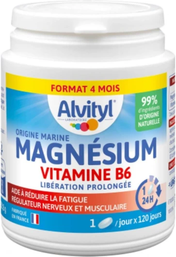 Magnésium 300mg + Vitamine B6 - Libération Prolongée - Diffusion lente et progressive - Magnésium d'origine Marine - Stress, Fatigue, Irritabilité - Fabriqué en France - Comprimés 120 Jours