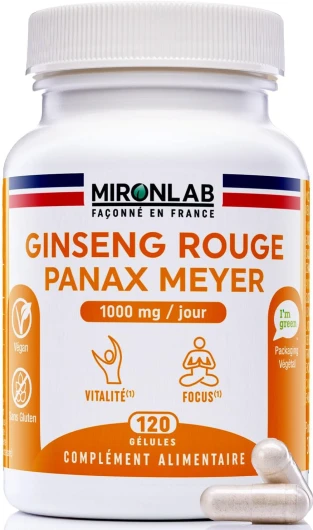 Ginseng Rouge de Corée - Racine - Haut Dosage 1000mg - Ginsénosides 12.5mg - 120 Gélules / 2 Mois - Extrait Naturel Panax Meyer - Anti Stress & Booster d’Energie - Laboratoire Français MIRONLAB